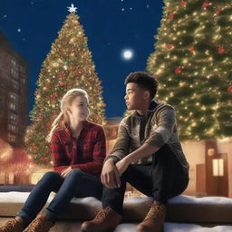 Create a movie poster featuring two teens sitting by each other on a rooftop at night