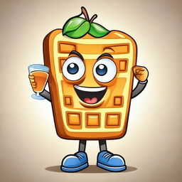 Create a fun and quirky vector image of a waffle mascot drinking juice