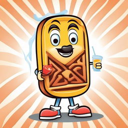 Create a fun and quirky vector image of a waffle mascot drinking juice