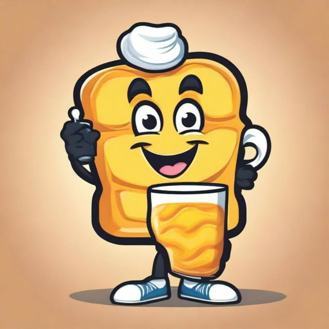 Create a fun and quirky vector image of a waffle mascot drinking juice