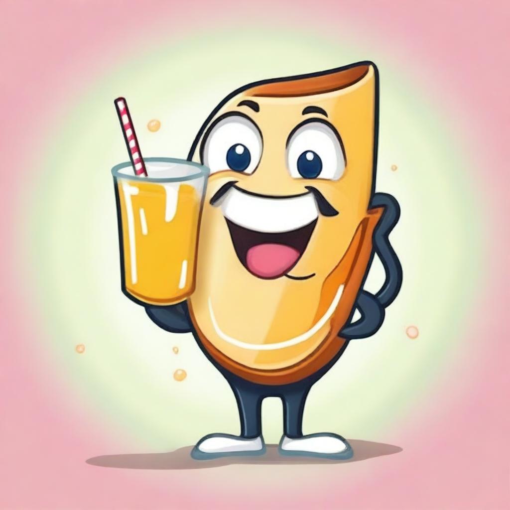 Create a fun and quirky image of a crepe mascot drinking juice