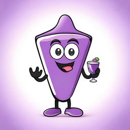 Create a fun and quirky vector image of a purple crepe mascot drinking juice