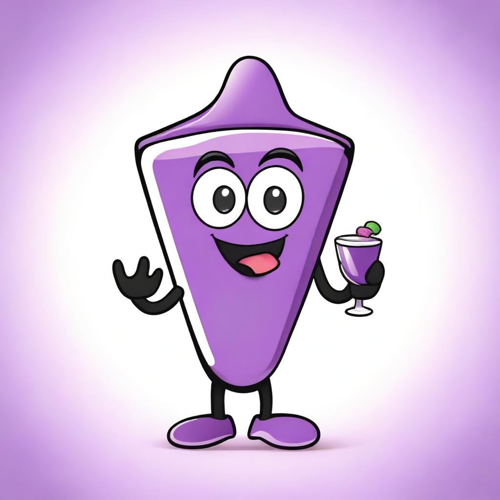 Create a fun and quirky vector image of a purple crepe mascot drinking juice