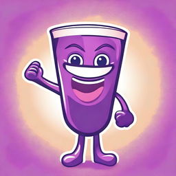 Create a fun and quirky vector image of a purple crepe mascot drinking juice