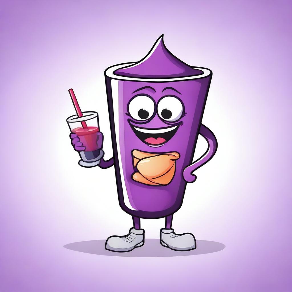 Create a fun and quirky vector image of a purple crepe mascot drinking juice