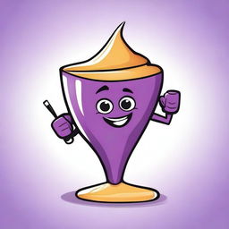 Create a fun and quirky vector image of a purple crepe mascot drinking juice