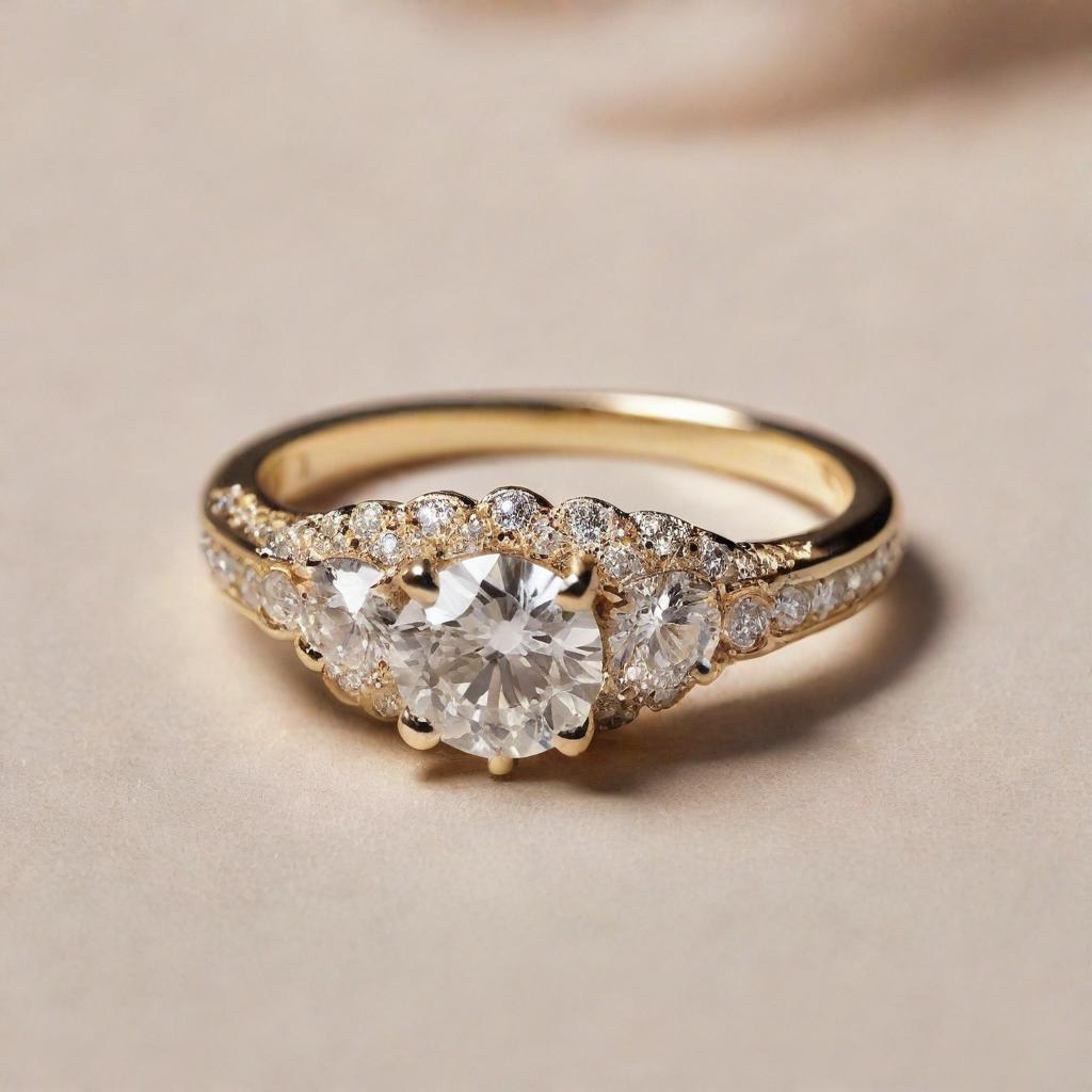 A golden engagement ring embossed with the name 'YUJIN', sparkling in clear detail.