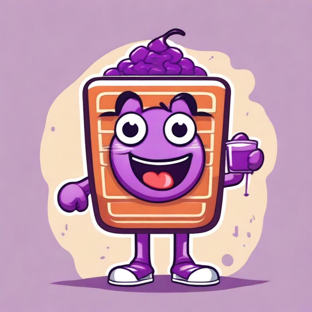 Create a fun and quirky vector image of a purple waffle mascot drinking juice