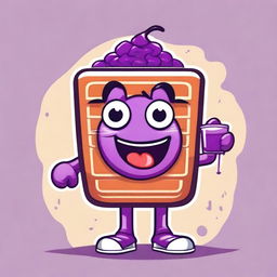 Create a fun and quirky vector image of a purple waffle mascot drinking juice