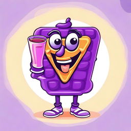 Create a fun and quirky vector image of a purple waffle mascot drinking juice