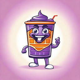 Create a fun and quirky vector image of a purple waffle mascot drinking juice