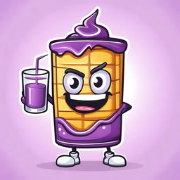 Create a fun and quirky vector image of a purple waffle mascot drinking juice