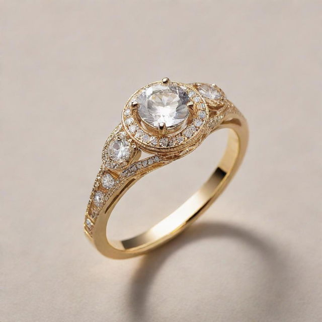 A golden engagement ring embossed with the name 'YUJIN', sparkling in clear detail.