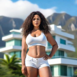 A light brown-skinned woman, 45 years old, with long curly hair, a beautiful and sexy figure, voluptuous with large breasts and large hips, wearing short shorts and a white top, very tall, and with light-colored eyes