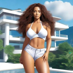 A light brown-skinned woman, 45 years old, with long curly hair, a beautiful and sexy figure, voluptuous with large breasts and large hips, wearing very short shorts and a white top, very tall, and with light-colored eyes