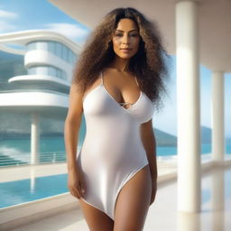 A light brown-skinned woman, 45 years old, with long curly hair, a beautiful and sexy figure, voluptuous with large breasts and large hips, wearing a short and transparent white nightgown, very tall, and with light-colored eyes