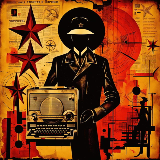 An abstract, vintage-style image depicting communist spying, featuring elements like an old radio, typewriter, reel-to-reel tape recorder, silhouettes of spies, and vintage newspaper clippings, with a muted, nostalgic color palette