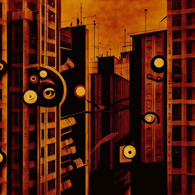 An abstract, vintage-style image of Communist spying, featuring shadowy figures, listening devices, and coded messages in a muted color palette with grays, sepia, and dark reds, conveying secrecy and intrigue