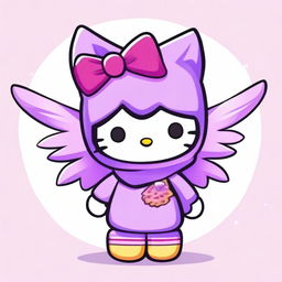 A cute and adorable Hello Kitty character dressed in a purple sparrow costume