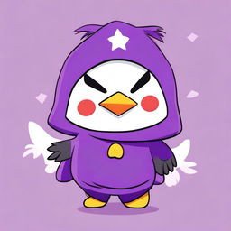 A cute and quirky Bad Badtz-Maru character dressed in a purple sparrow costume