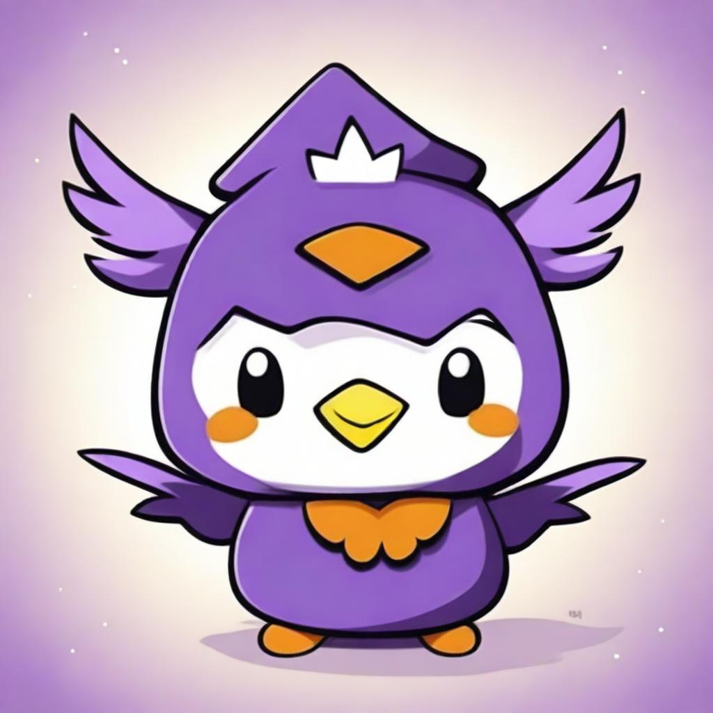 A cute and quirky Bad Badtz-Maru character dressed in a purple sparrow costume