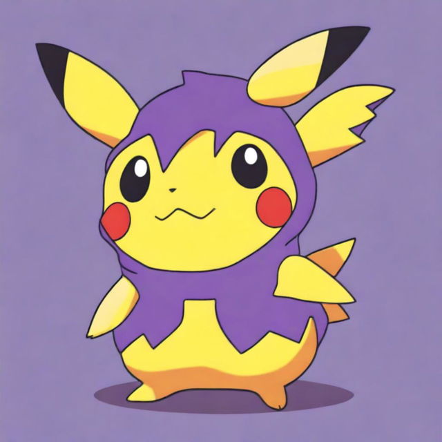 A cute and playful Pikachu character dressed in a purple sparrow costume