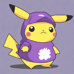 A cute and playful Pikachu character dressed in a purple sparrow costume