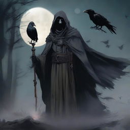 Under a hazy full moon, a cunning and scheming undead lord stands, holding a powerful staff in his left hand and a lantern emitting a faint glow in his right