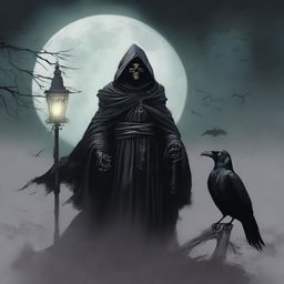 Under a hazy full moon, a cunning and scheming undead lord stands, holding a powerful staff in his left hand and a lantern emitting a faint glow in his right