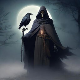 Under a hazy full moon, a cunning and scheming undead lord stands, holding a powerful staff in his left hand and a lantern emitting a faint glow in his right