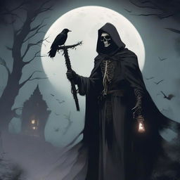 Under a hazy full moon, a cunning and scheming undead lord stands, holding a powerful staff in his left hand and a lantern emitting a faint glow in his right