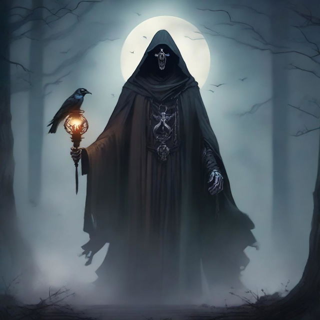 Under a hazy full moon, a cunning and scheming undead lord stands, wearing a mask