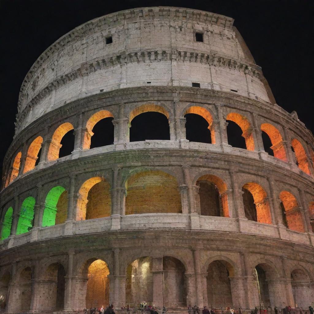 The Colosseum painted in green, white, and red, reflecting the Italy flag colors.