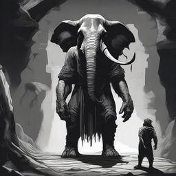 A dark Dungeons & Dragons illustration depicting a demon with the head of an elephant, the body of a man, and two goat legs