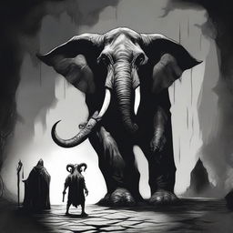 A dark Dungeons & Dragons illustration depicting a demon with the head of an elephant, the body of a man, and two goat legs