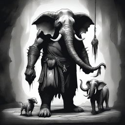 A dark Dungeons & Dragons illustration depicting a demon with the head of an elephant, the body of a man, and two goat legs