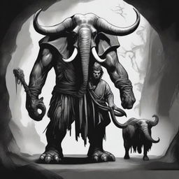 A dark Dungeons & Dragons illustration depicting a demon with the head of an elephant, the body of a man, and two goat legs