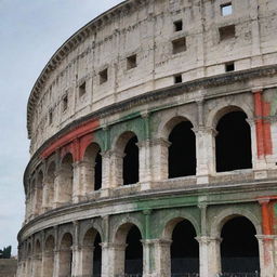 The Colosseum painted in green, white, and red, reflecting the Italy flag colors.