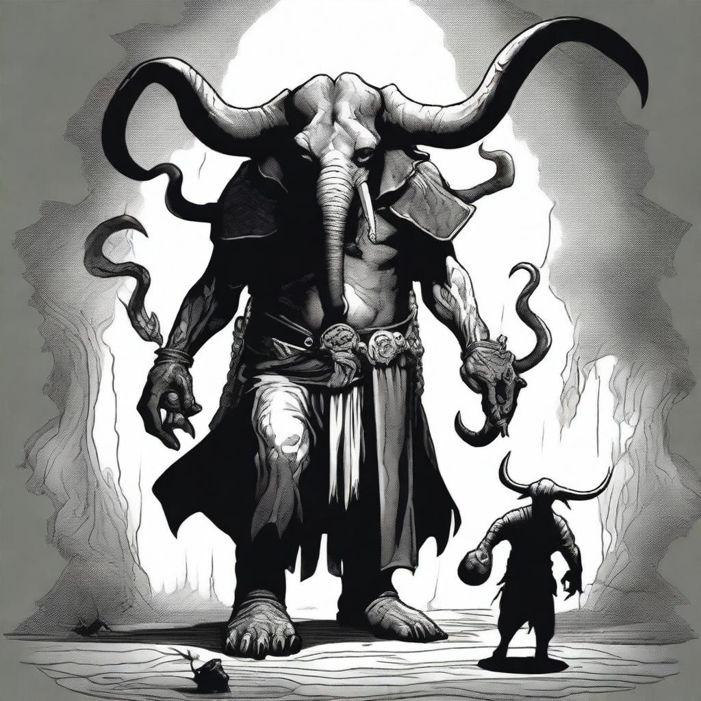 A dark Dungeons & Dragons illustration depicting a demon with the head of an elephant, the body of a man, and two goat legs