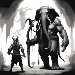 A dark Dungeons & Dragons illustration depicting a demon with the head of an elephant, the body of a man, and two goat legs