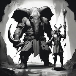 A dark Dungeons & Dragons illustration depicting a demon with the head of an elephant, the body of a man, and two goat legs