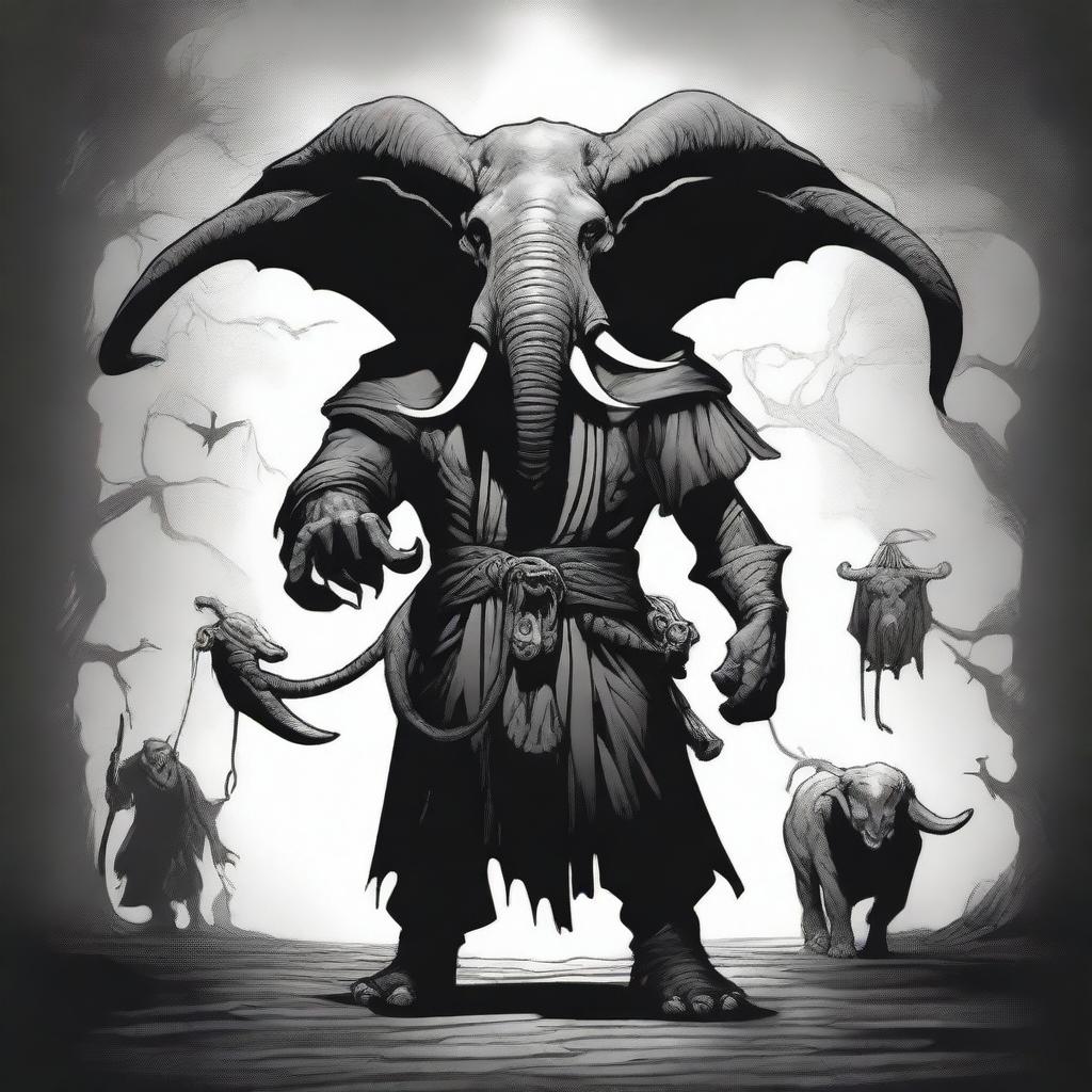 A dark Dungeons & Dragons illustration depicting a demon with the head of an elephant, the body of a man, and two goat legs