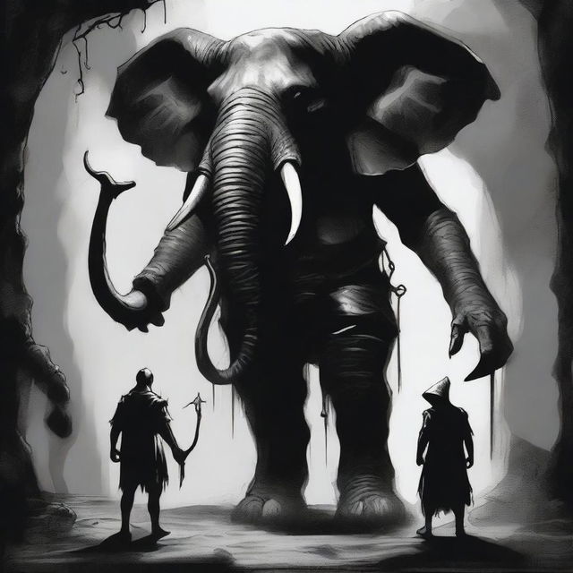 A dark Dungeons & Dragons illustration depicting a demon with the head of an elephant, the body of a man, and goat legs