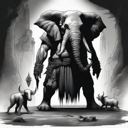 A dark Dungeons & Dragons illustration depicting a demon with the head of an elephant, the body of a man, and goat legs