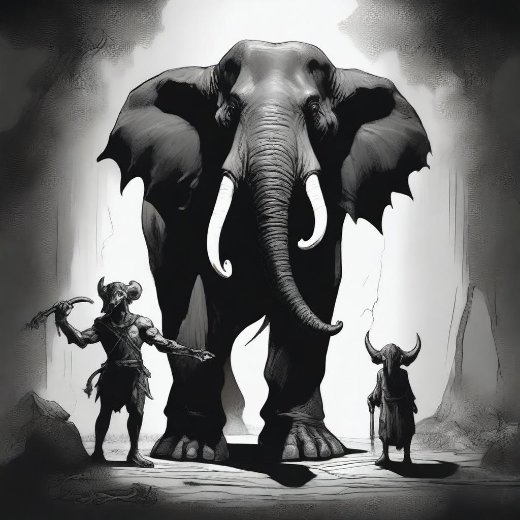 A dark Dungeons & Dragons illustration depicting a demon with the head of an elephant, the body of a man, and the legs of a goat