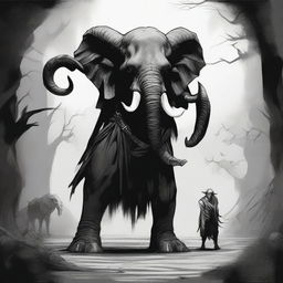 A dark Dungeons & Dragons illustration depicting a demon with the head of an elephant, the body of a man, and the legs of a goat