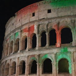 The Colosseum painted in green, white, and red, reflecting the Italy flag colors.