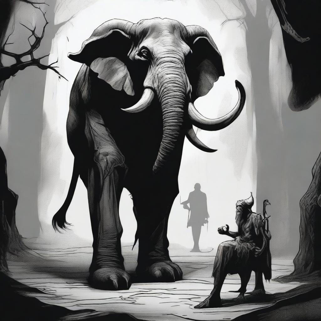 A dark Dungeons & Dragons illustration depicting a demon with the head of an elephant, the body of a man, and the legs of a goat