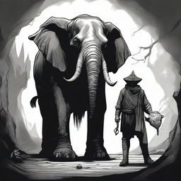 A dark Dungeons & Dragons illustration depicting a man with the head of an elephant and the legs of a goat