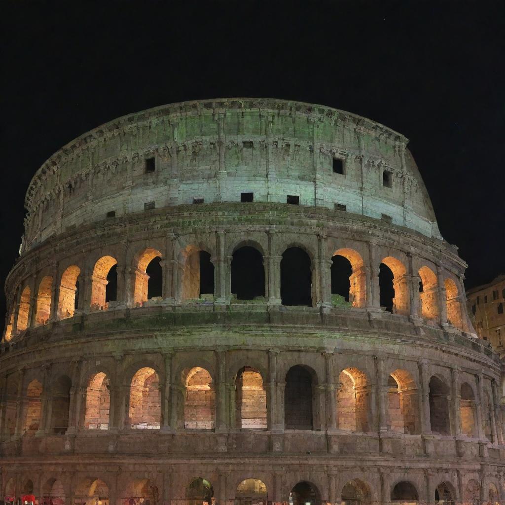 The Colosseum painted in green, white, and red, reflecting the Italy flag colors.